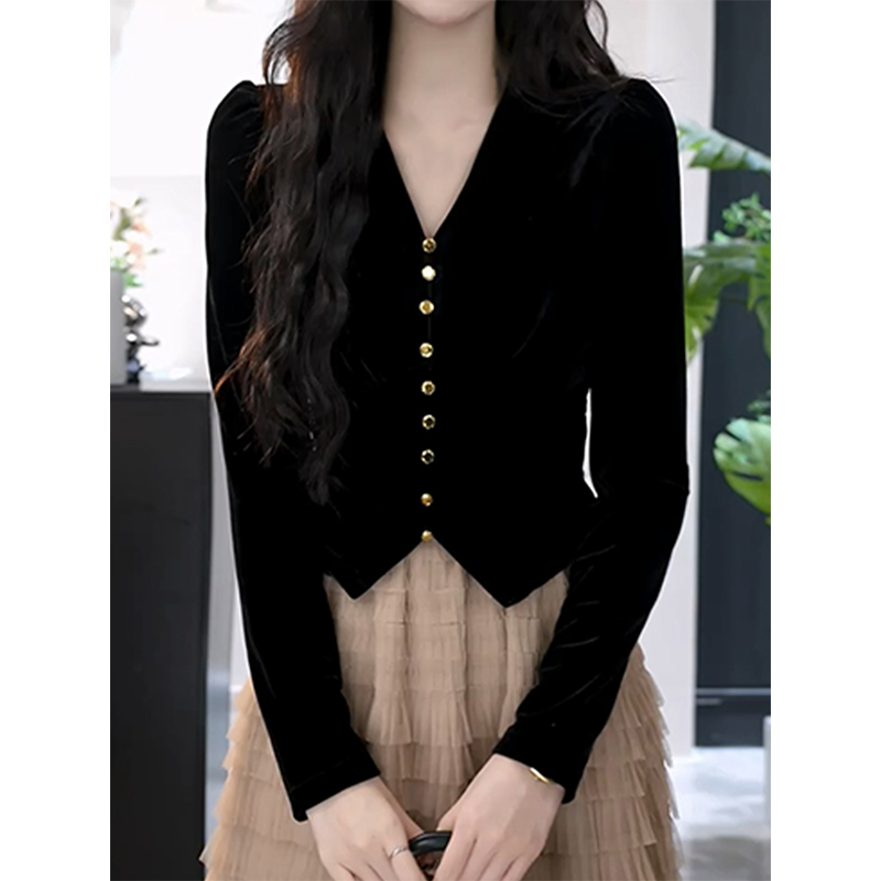 港风复古长袖V领气质纯黑衬衫女秋季新款单排扣优雅修身显瘦上衣