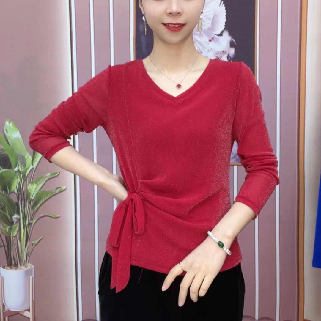 【喜芮】2025时尚气质飘带遮肉显瘦弹力V领女士长袖洋气百搭5005