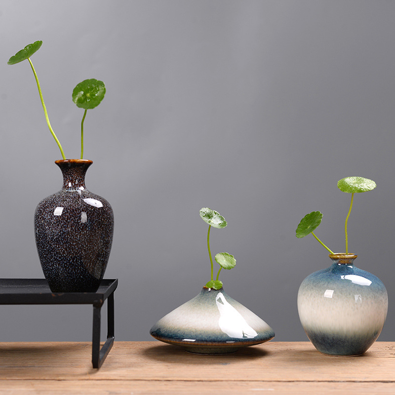 仿古窑变色釉花瓶陶瓷花插粗陶瓷家居工艺品复古小花器摆件