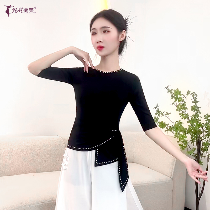 气质显瘦古典舞服时尚烫钻舒适圆领中袖成人女上衣绑带式广场舞