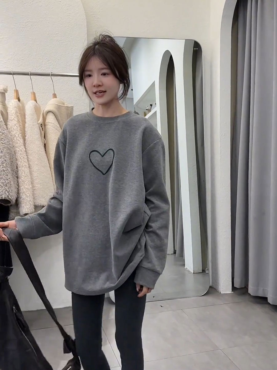 中长款圆领长袖t恤打底衫女2024新款冬季宽松设计感洋气减龄上衣