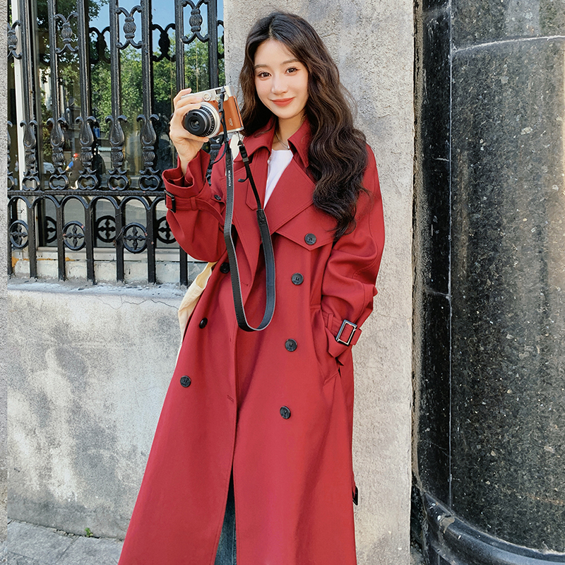 显瘦复古风衣小个子女中长款英伦风秋新款法式春秋红色感气质大衣