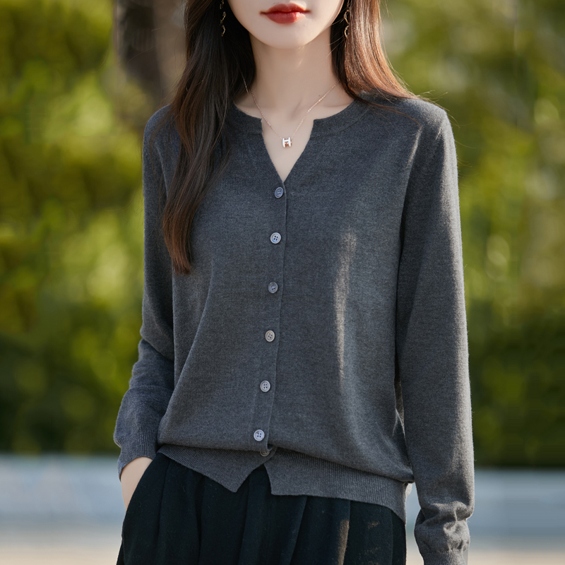 半开领精纺羊毛开衫女春秋纯色长袖针织毛衣宽松外搭上衣NS3286