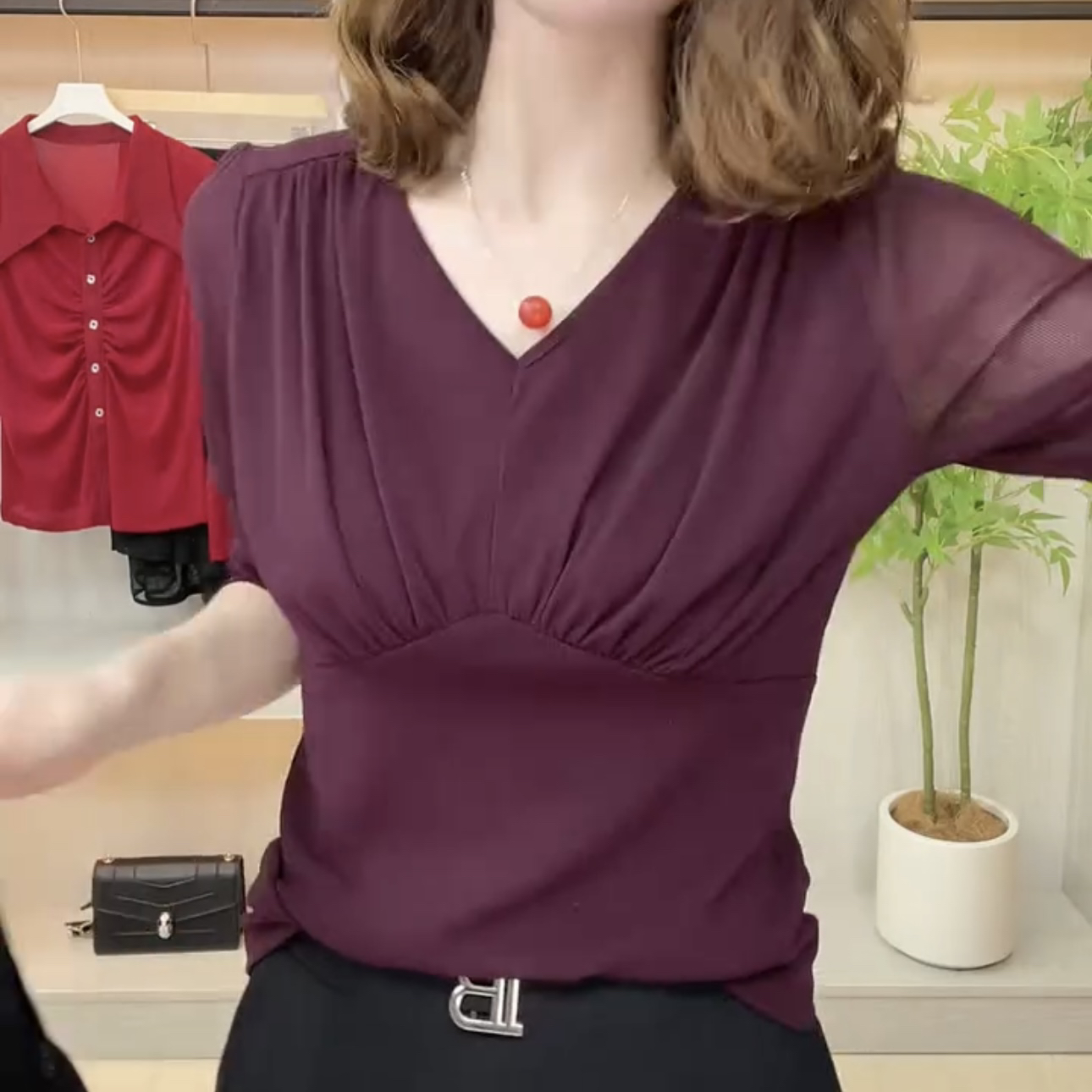 4624V领双层网纱显瘦百搭长袖上衣女小衫内搭打底衫