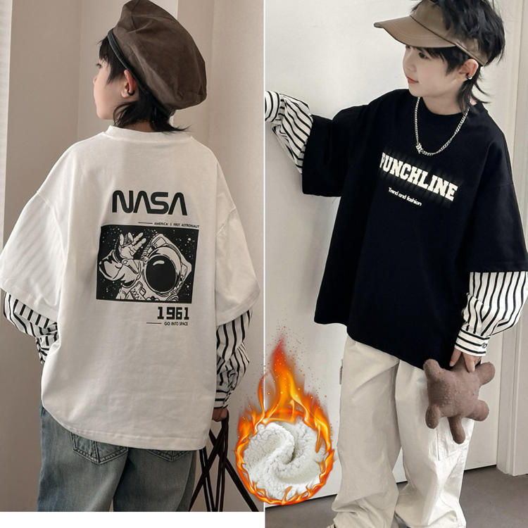 男潮流韩版童装2025春儿童潮酷拼接假两件卫衣中大童套头长袖T恤