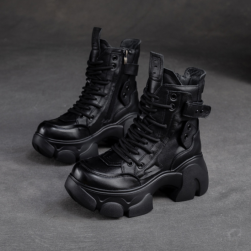 冬季新款厚底马丁靴加绒保暖女短靴时尚百搭头层牛皮中筒真皮靴子