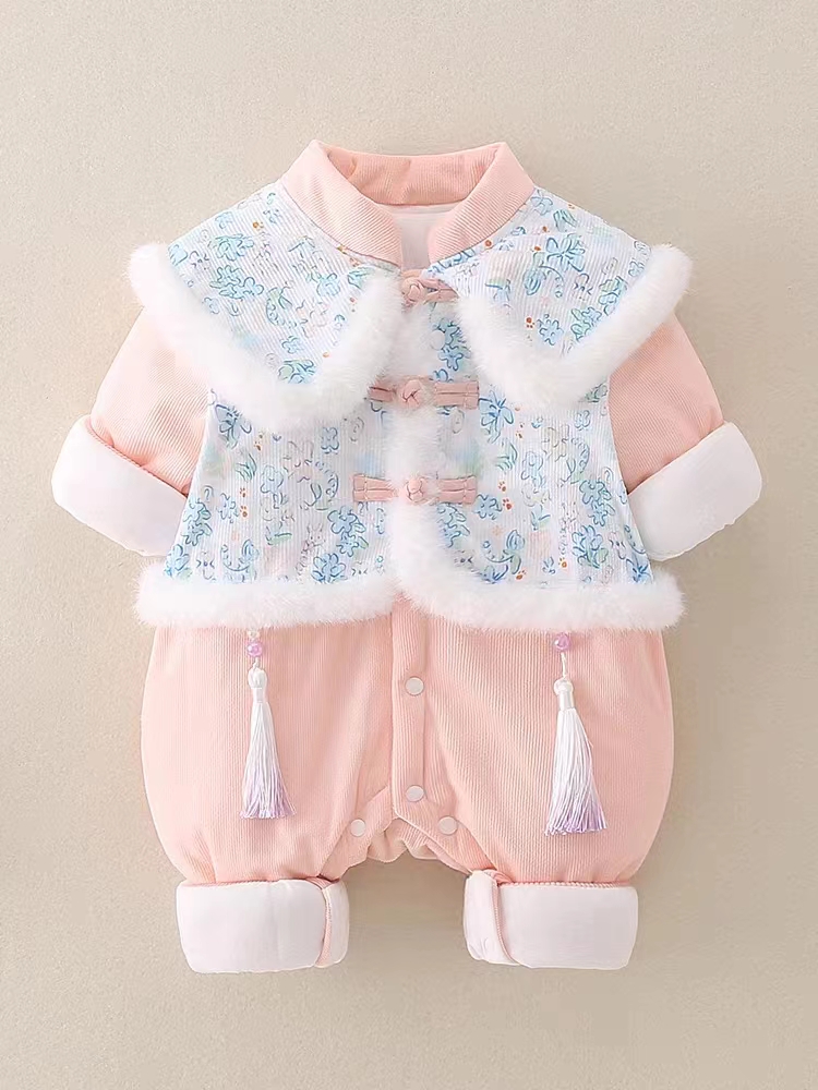 婴儿秋冬中国风连体衣新生女宝宝可爱公主满月汉服加绒夹棉外出服