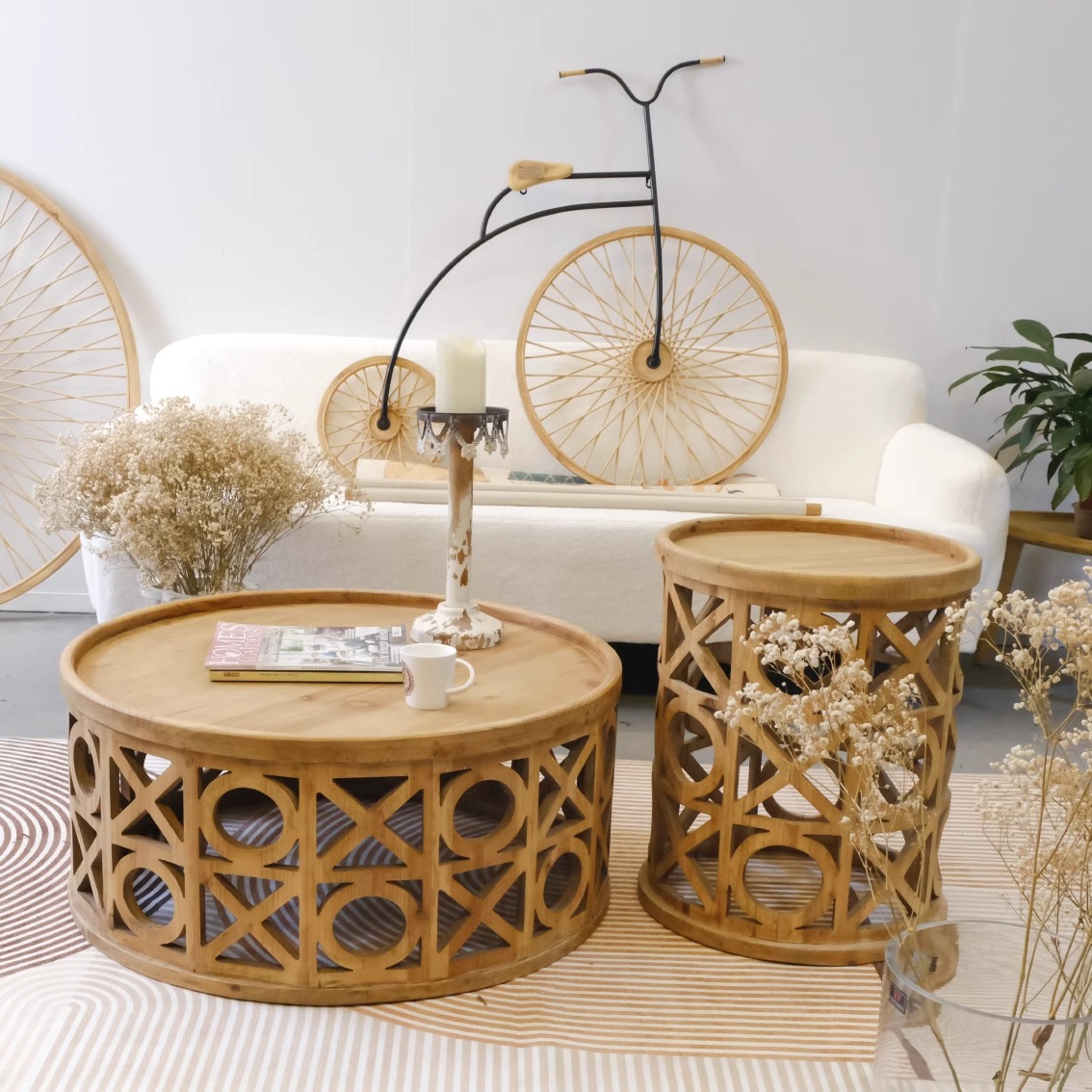 侘寂设计感复古创意实木茶几圆形个性网红民宿酒店原木大小圆桌几