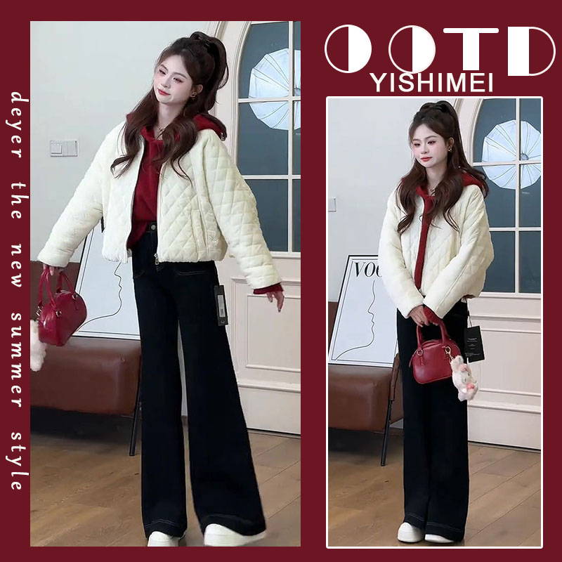 【现货】2025年秋冬新款时髦减龄菱形格棉衣棉服外套阔腿裤三件套