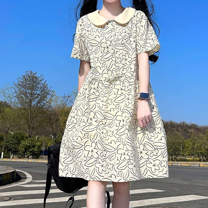 日系娃娃领连衣裙少女夏装2023新款初中高中学生收腰显瘦碎花裙子