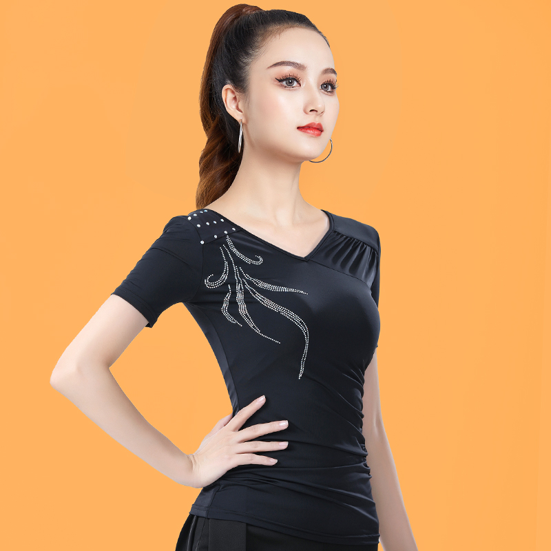 2025摩登舞上衣女V领新款舞衣烫钻拉丁舞服装夏交谊舞华尔兹小衫