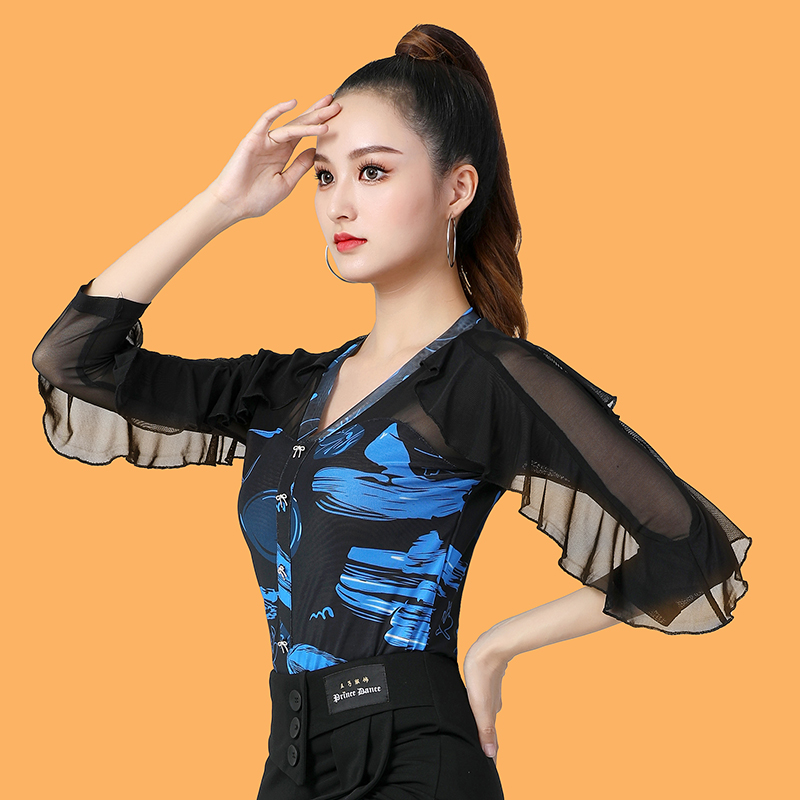 吉特巴舞蹈服女成年新款网纱中长袖国标摩登练功上衣拉丁舞衣服装