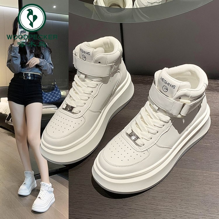 啄木鸟软皮百搭松糕厚底增高小白鞋女2025秋季高帮系带休闲板鞋潮