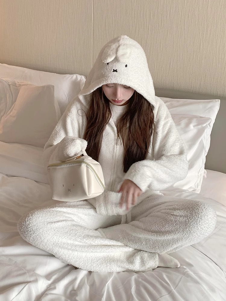 可爱米菲兔半边绒睡衣女冬季加厚毛绒针织连帽开衫长裤家居服套装