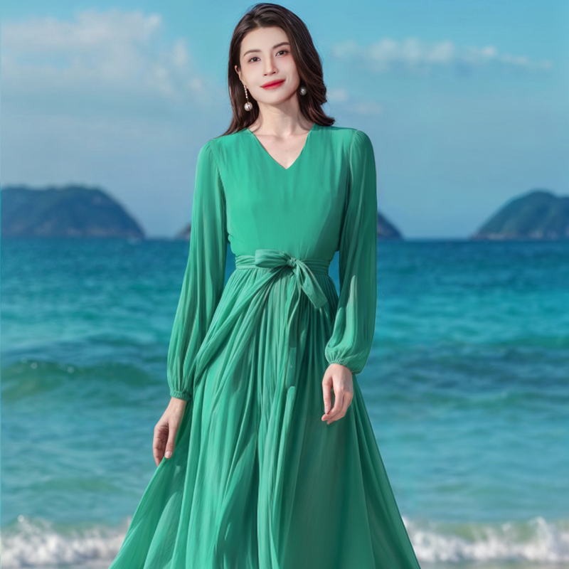 香衣丽华07孔雀绿长款过膝V领大摆连衣裙修身显瘦气质优雅连衣裙