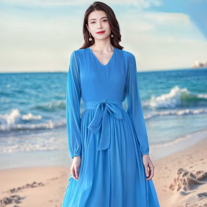 香衣丽华07天蓝灯笼袖长款过膝大摆连衣裙修身显瘦气质简约长裙