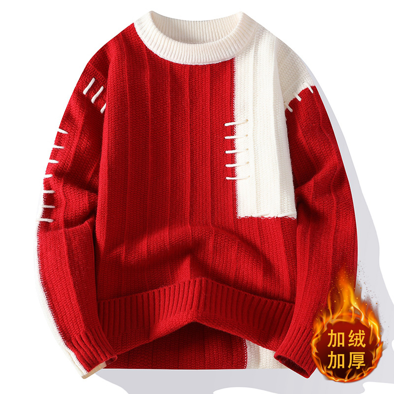 QiaoShiD秋冬季高品质青年潮流百搭撞色休闲加绒保暖针织毛衣男装