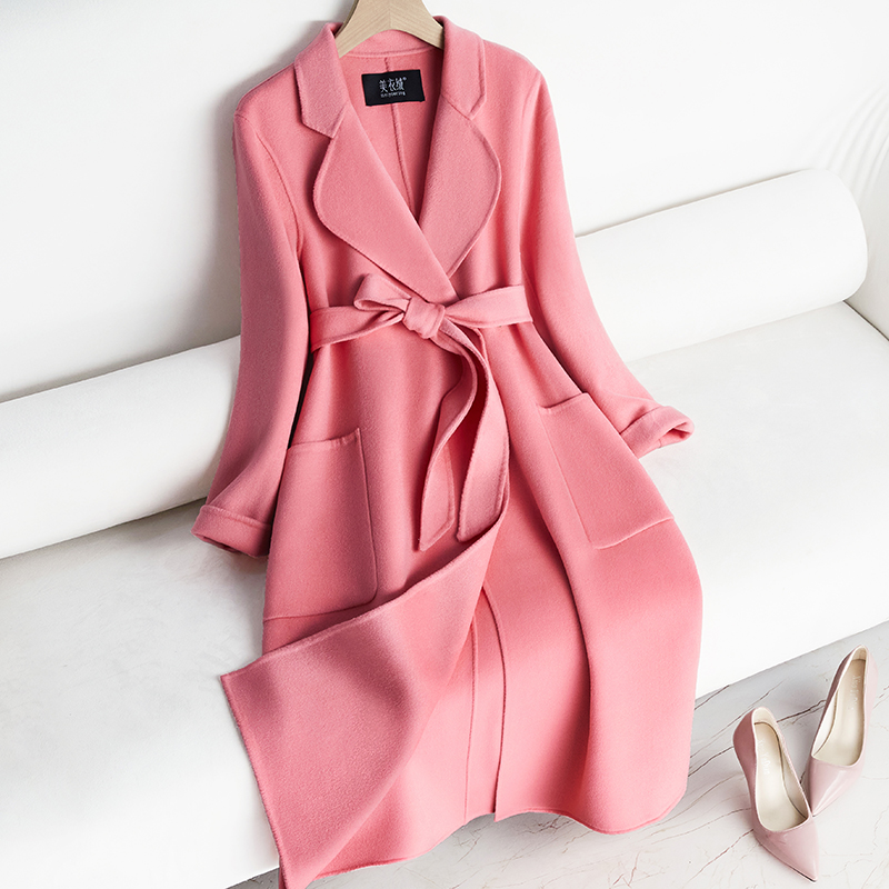 粉色高端双面羊绒大衣女长款2024新款修身气质显瘦百搭羊毛呢外套