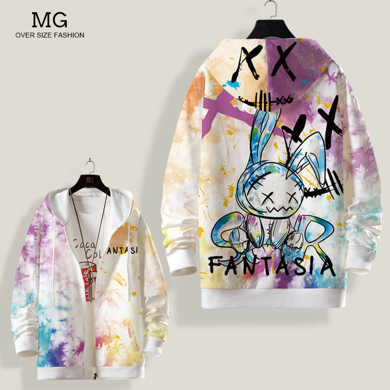 开衫外套男春季薄款高街涂鸦卫衣卡通兔子印花连帽衫大码休闲上衣
