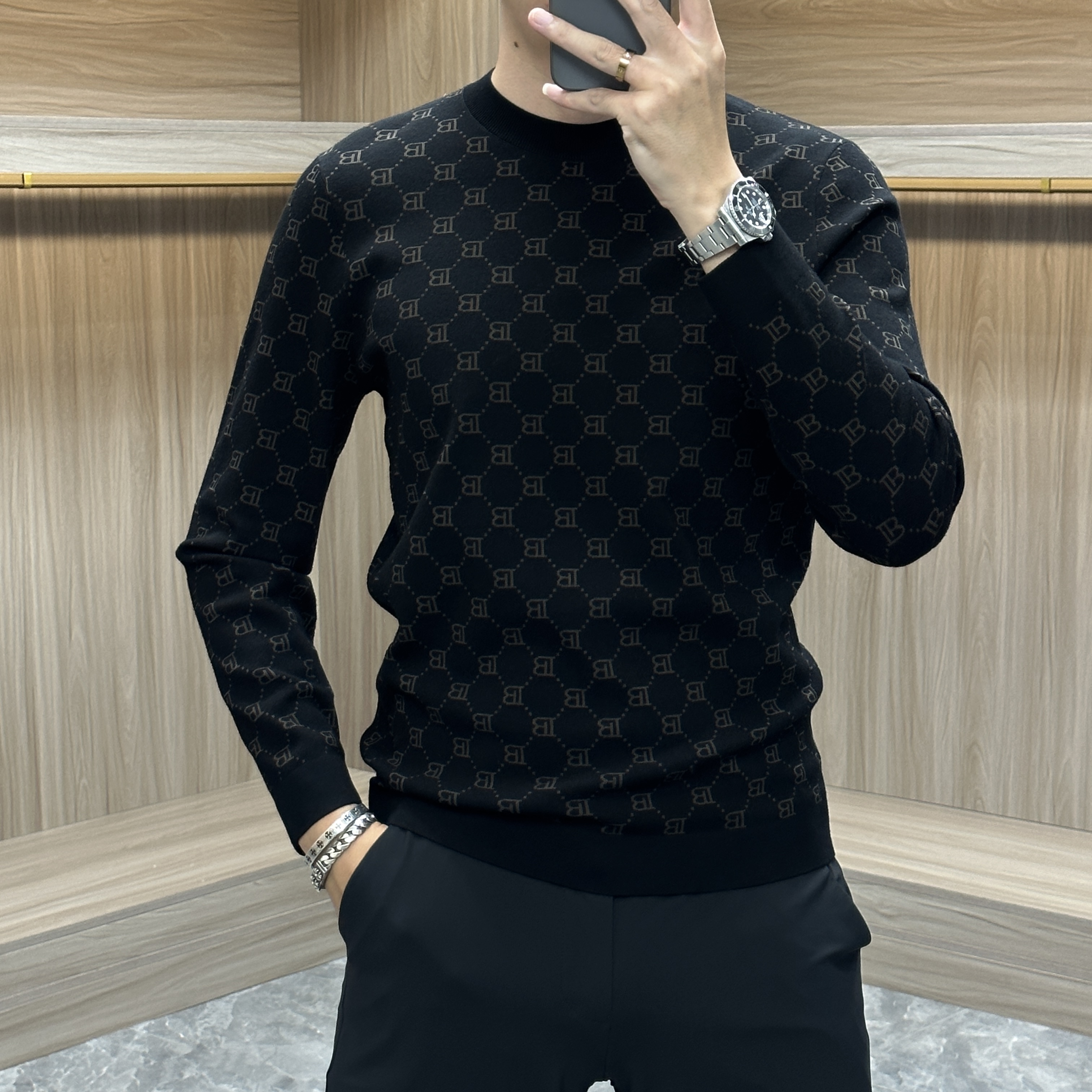 冬季男士针织打底衫字母提花保暖毛衣商务休闲高级圆领百搭潮流