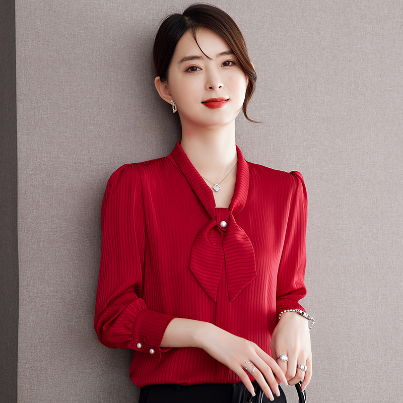 蝴蝶结条纹雪纺衬衫女长袖上衣春秋新款洋气时尚高端气质职业衬衣