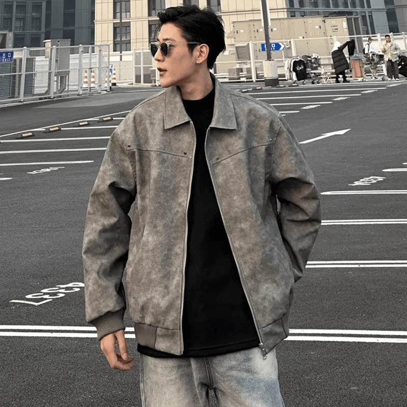 铆钉短款皮衣外套男款美式痞帅高级感机车夹克cleanfit工装棒球服