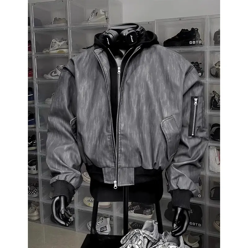 美式飞行员夹克棉服男冬季加厚假两件连帽皮衣外套短款夹棉棒球服