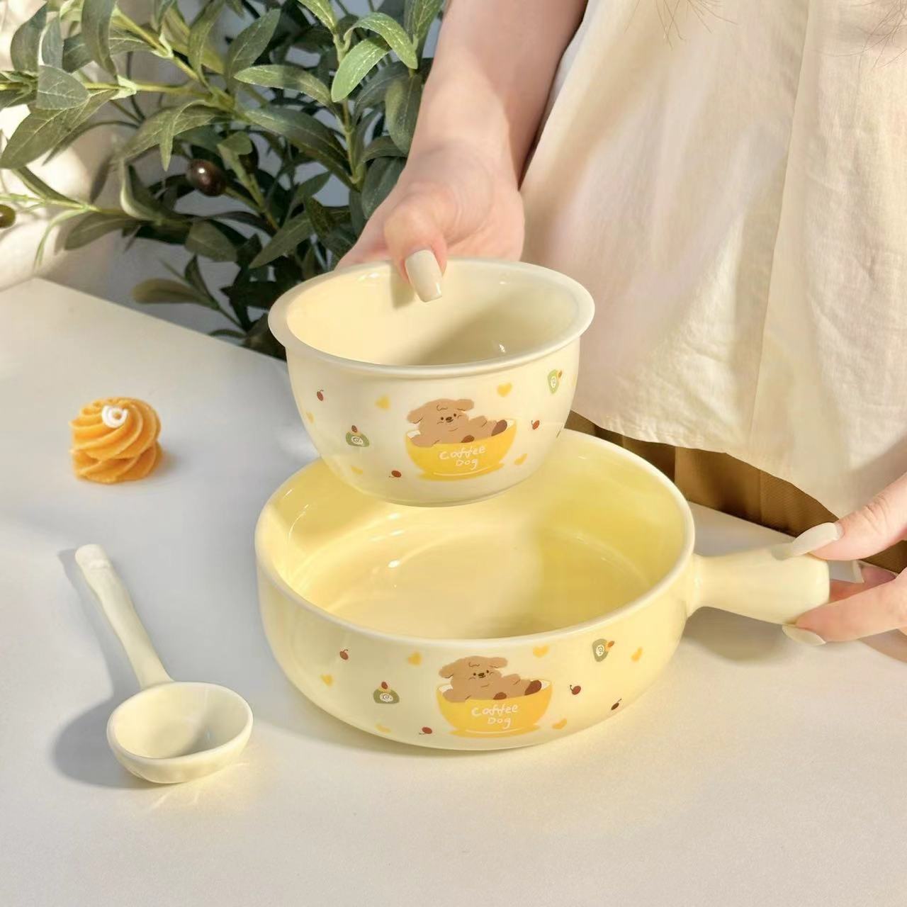 小狗可爱奶油手柄碗少女餐具陶瓷甜品碗釉下彩家用高颜值泡面碗