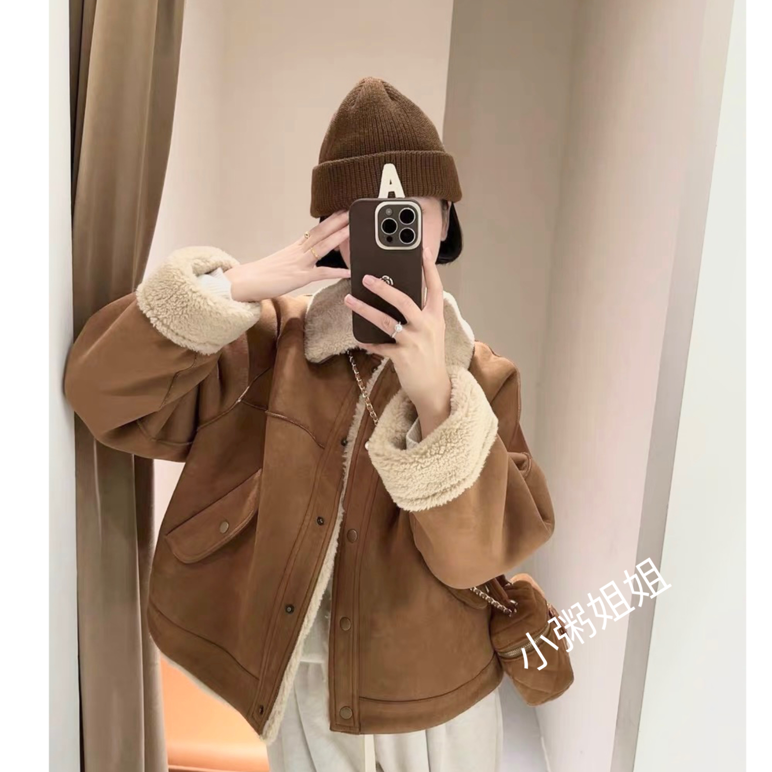 时尚外搭款美拉德冬季韩版小个子短外套加厚夹羊羔外套加绒保暖