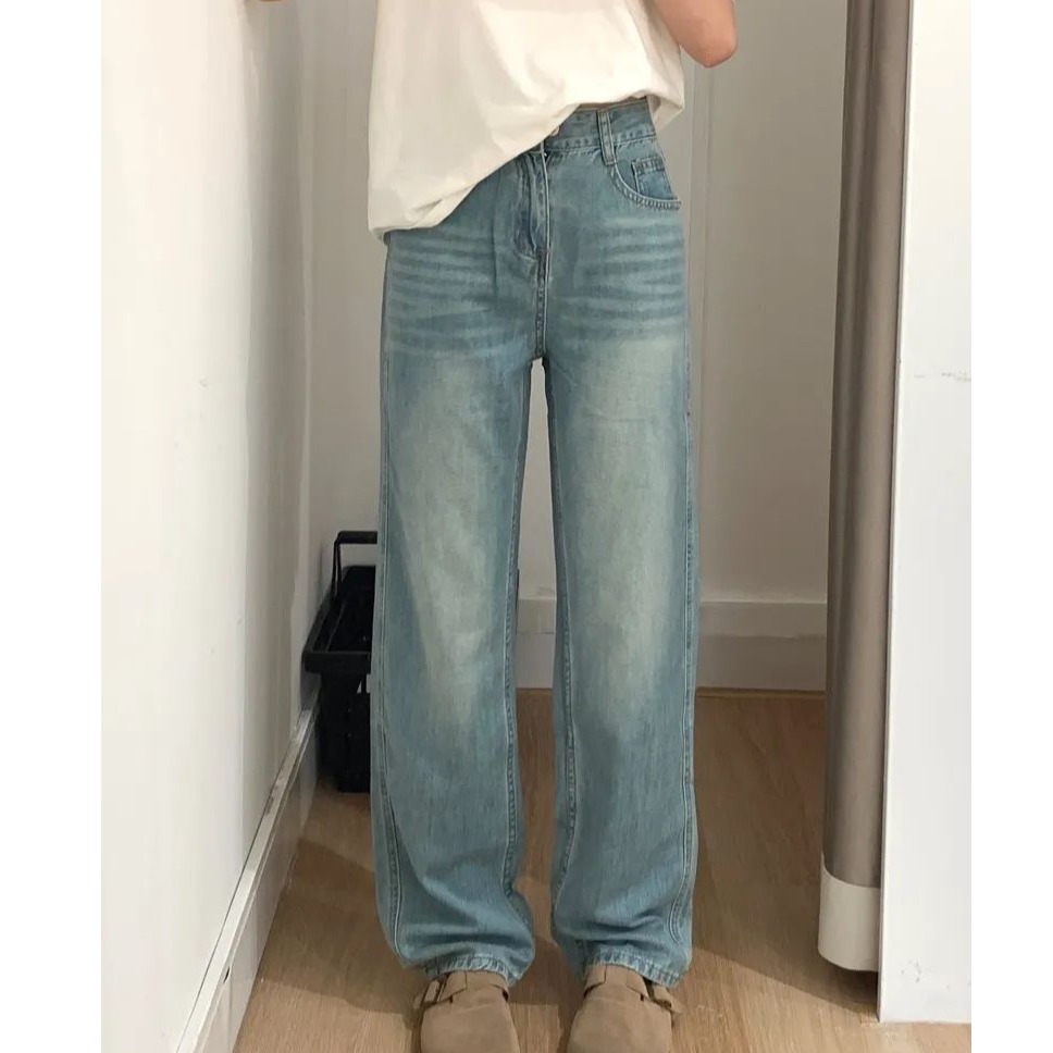 浅蓝高腰水洗牛仔裤女2024夏季薄款冰丝垂感直筒宽松显瘦拖地裤子
