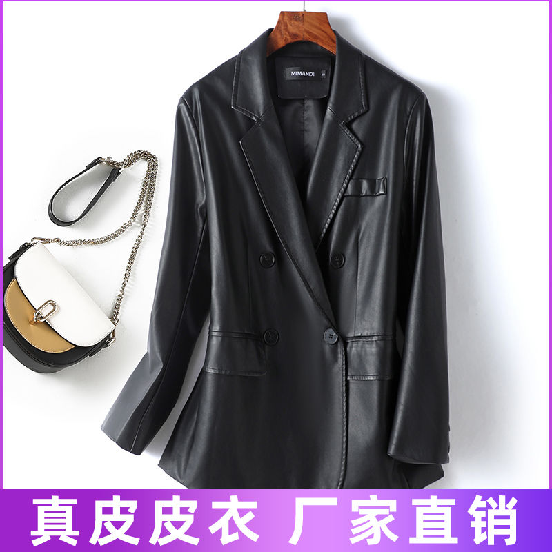 海宁皮衣外套秋季新款加棉短款阔版绵羊皮休闲小西装真皮外套女款