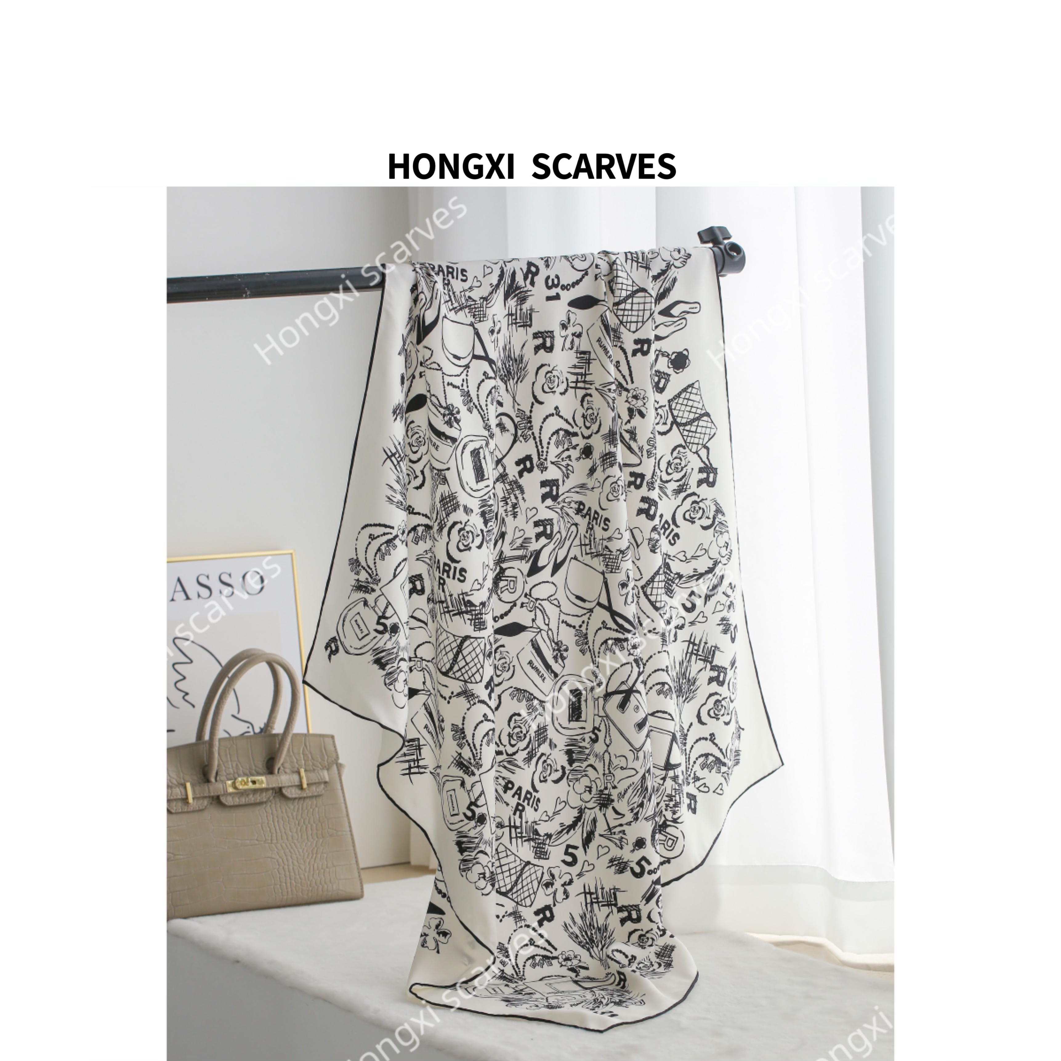 Hongxi Scarves/鸿晰桑蚕丝单面14姆米斜纹砂洗小香白87方巾D025