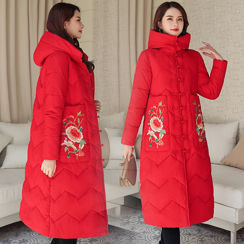 冬季洋气棉服棉衣女中国风红色绣花妈妈装加厚高级感民族风棉袄