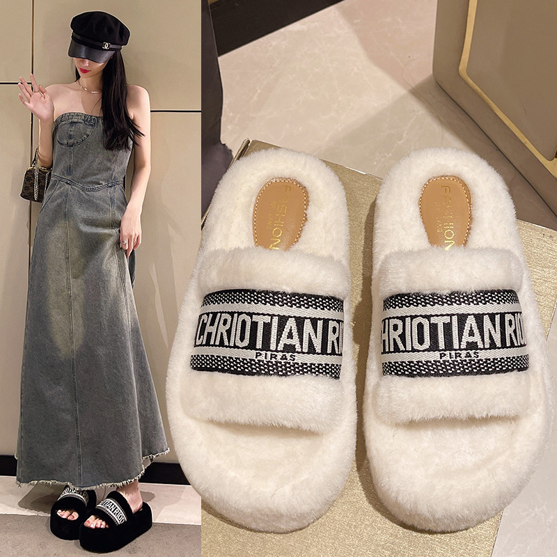 网红厚底毛毛拖鞋女外穿时尚2025年新款秋冬季保暖棉拖爆款一字拖
