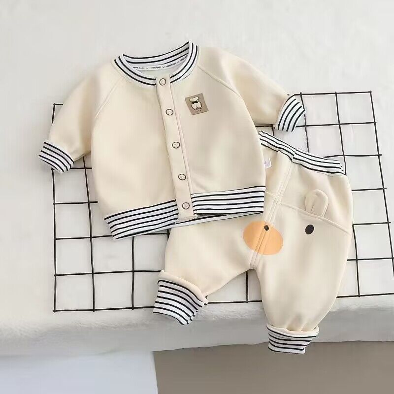 儿童秋冬宝宝加绒套装卡通条纹高腰屁屁裤套装男女萌宝休闲穿搭套