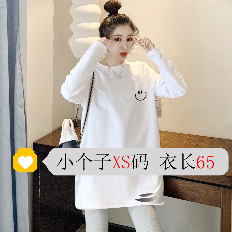 长袖t恤女中长款小个子打底衫内搭2025破洞纯棉宽松遮臀春秋上衣