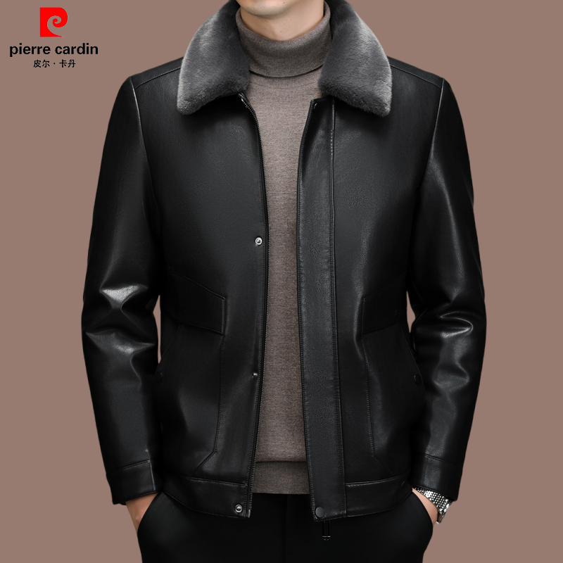 皮尔卡丹正品男士可脱卸内胆皮衣中青年皮毛一体秋冬加绒休闲外套