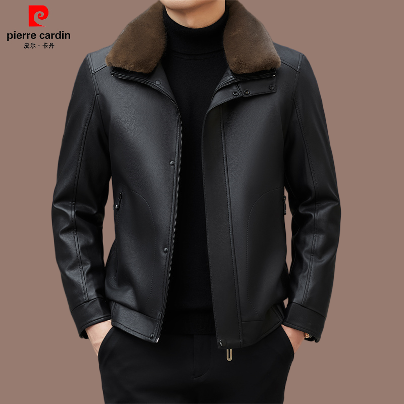 皮尔卡丹品牌 冬季男士高档皮外套加绒可脱卸翻领休闲时尚皮上衣