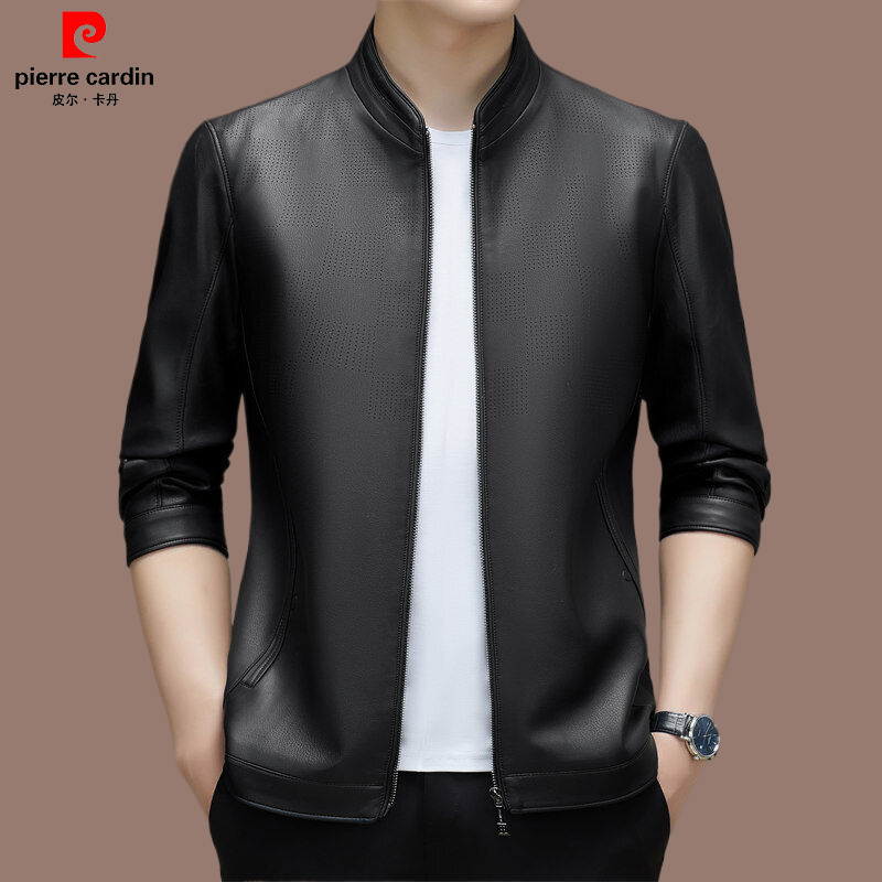 皮尔卡丹【品牌男装】高档男士真皮夹克春季新款中青年棒球领皮衣男