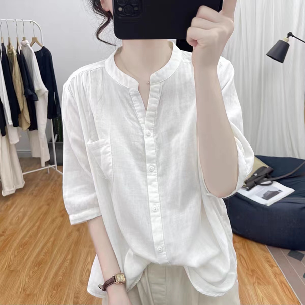 2025夏季新款文艺印花V领衬衫宽松显瘦休闲百搭短袖上衣6320