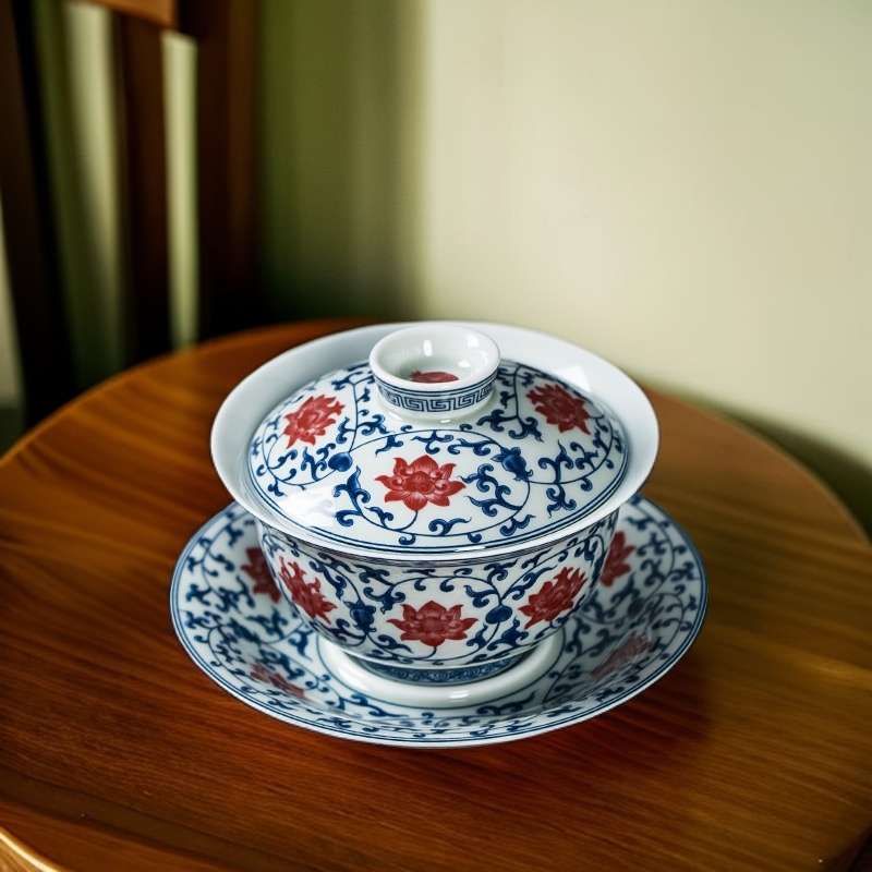 景德镇复古风青花釉里红三才盖碗茶杯单个高端陶瓷功夫泡茶碗杯子