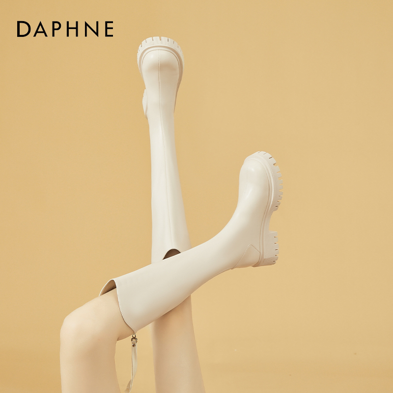 达芙妮白色长靴女靴子秋冬2025新款小个子长筒靴加绒高筒靴骑士靴