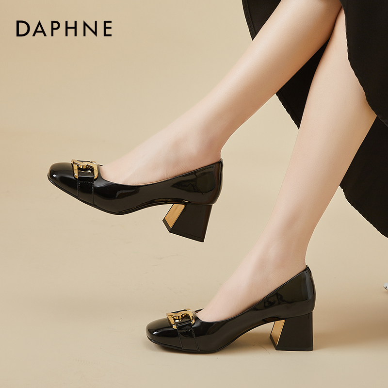 达芙妮真皮高跟鞋女小皮鞋工作上班职业女鞋粗跟瓢鞋2025秋季单鞋