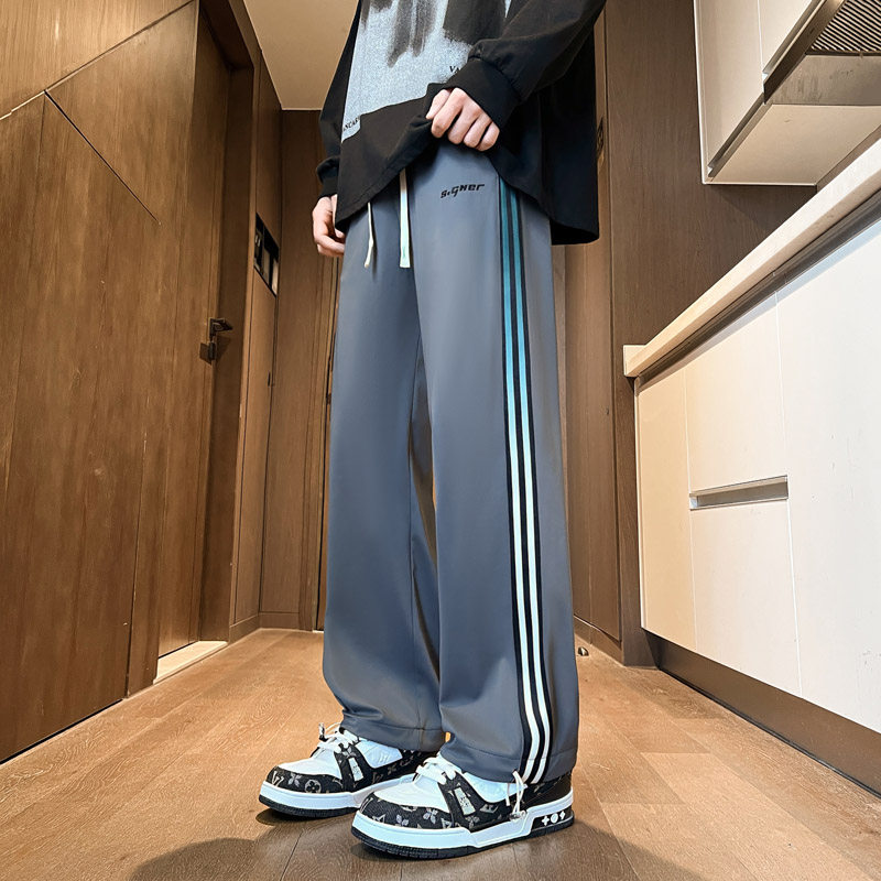 学生夏季薄款休闲运动冰丝直筒长裤青少年男生宽松百搭阔腿空调裤