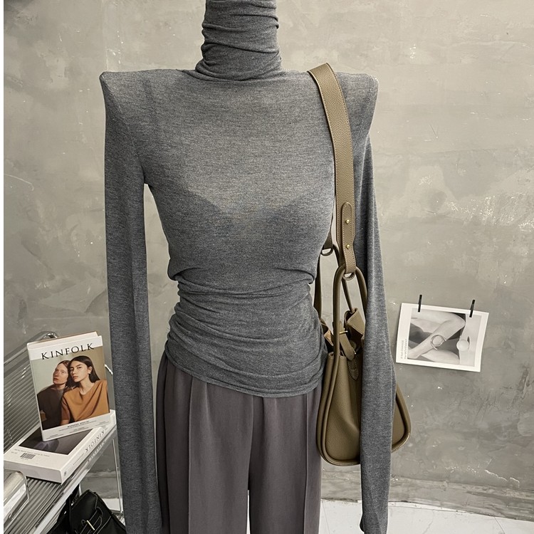 薄款微透～基础款堆堆领打底衫女高领长袖T恤纯色紧身内搭上衣秋