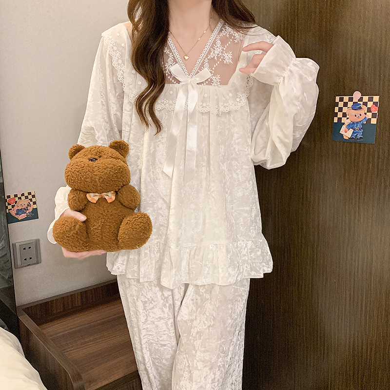 【星】薄款睡衣女春秋长袖套装宽松蕾丝甜美女士秋冬外穿家居服4026