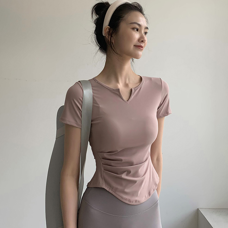 瑜伽服t恤女速干透气短袖运动上衣紧身显瘦薄款v领健身服春夏新款