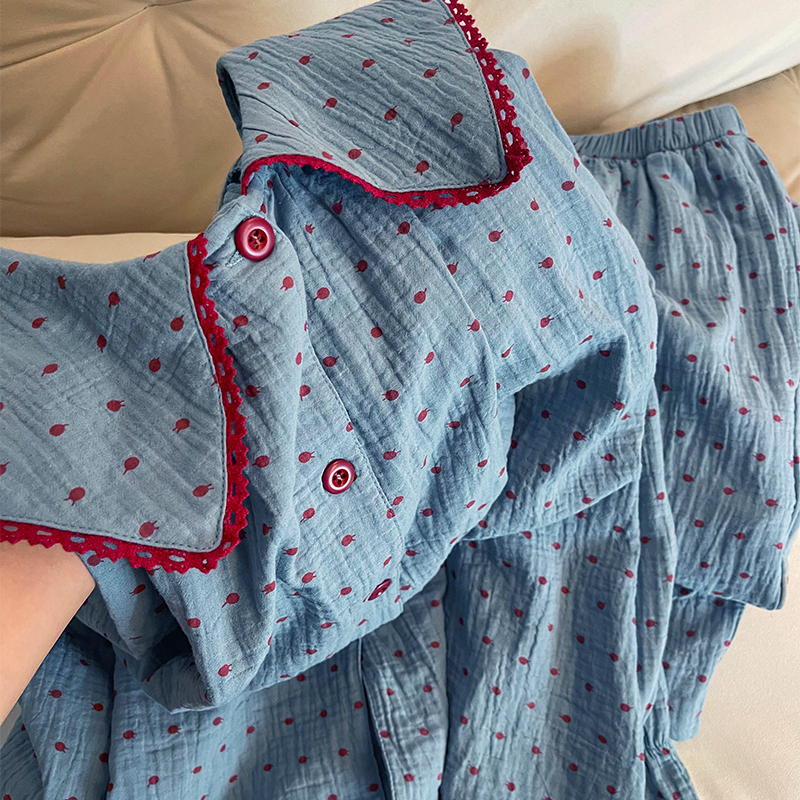 蓝色撞色波点睡衣女春秋季长袖宽松甜美可外穿娃娃领家居服秋冬天