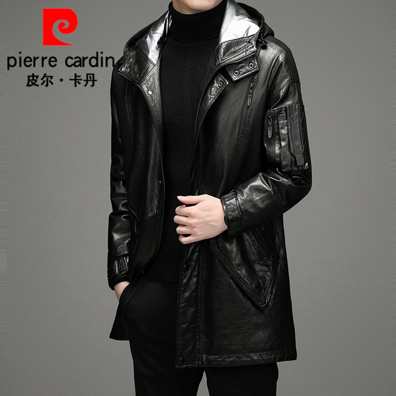 【油蜡山羊皮】皮尔卡丹新款真皮皮衣男士中长款羽绒服连帽22001