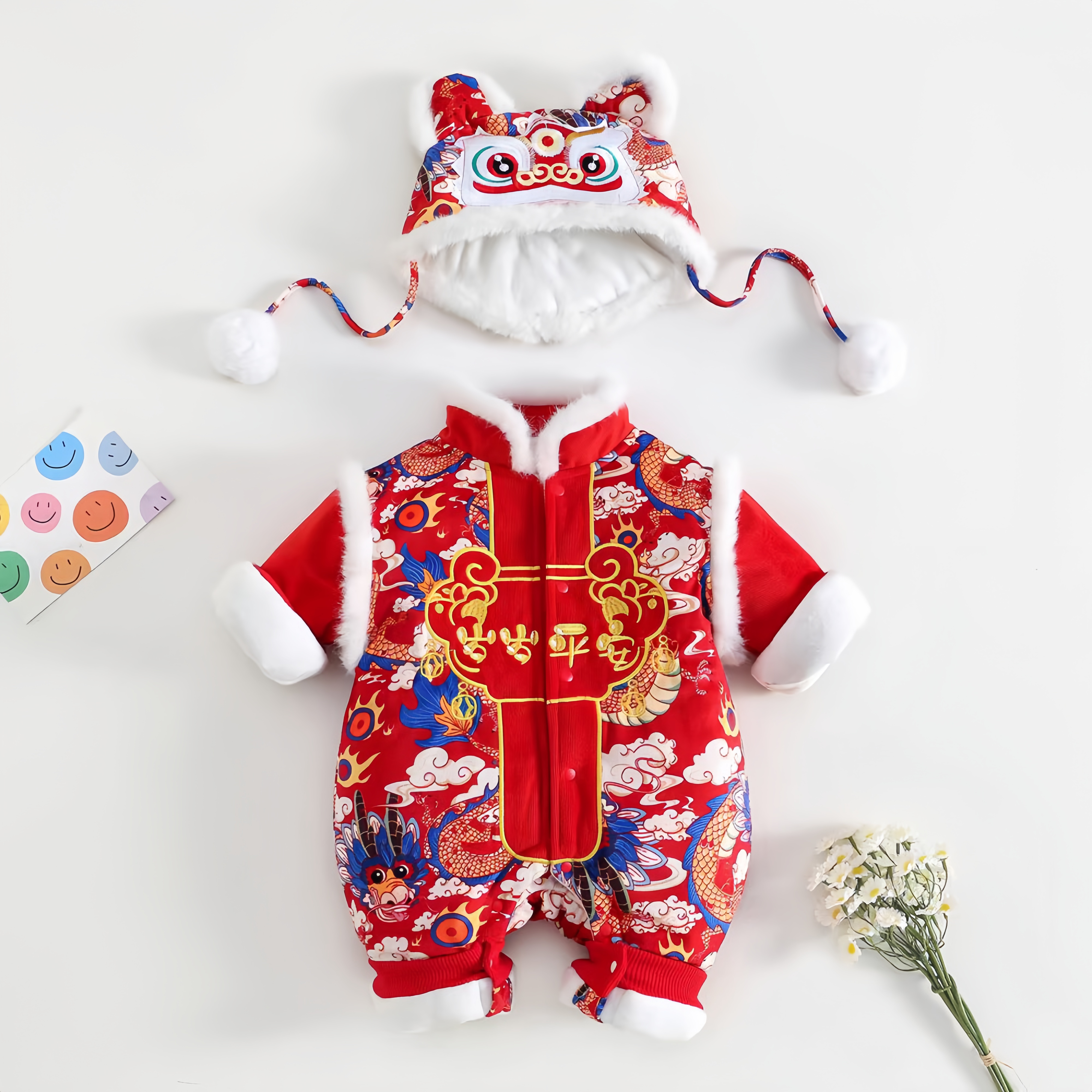 婴儿过年喜庆衣服冬季男女宝宝连体衣红色棉服百天周岁礼服拜年服